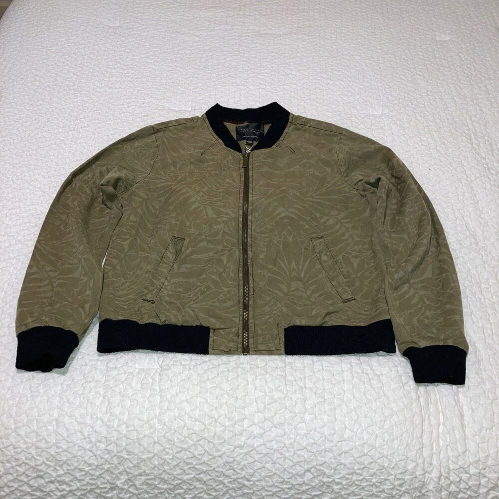 sanctuary bomber jacket XS olive green palm leaf print black cuffs NWT
